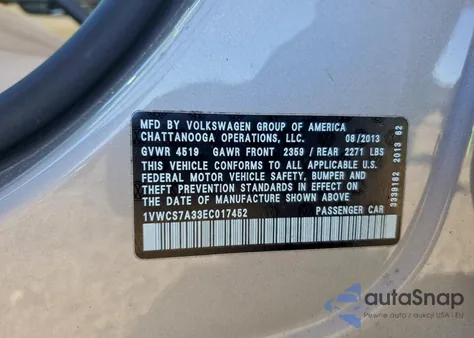 2014 Volkswagen Passat Sel from USA, damaged, VIN 1VWCS7A33EC017452